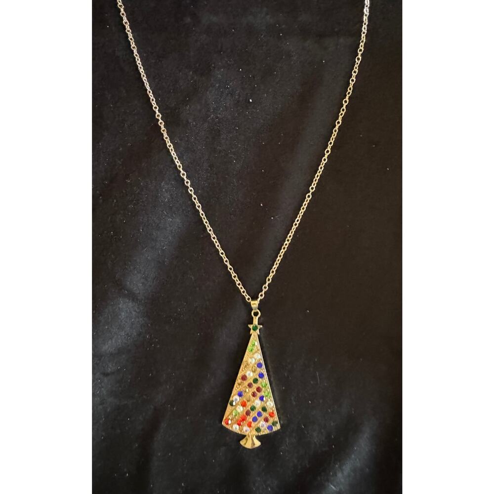 New Rhinestone Christmas Tree Necklace Gold Tone Holiday Pendant 26-28” N223